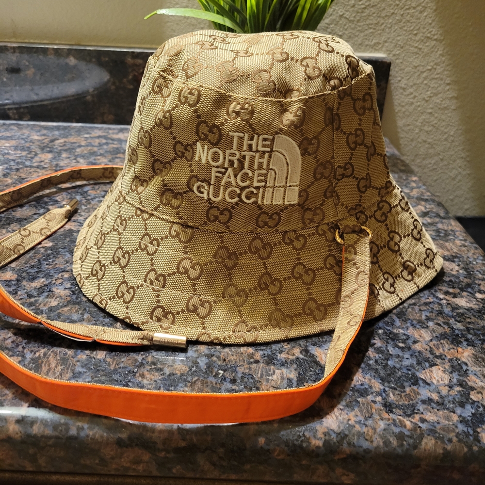 North Face Gucci Tan and Brown Patterned Hat with Orange Accent